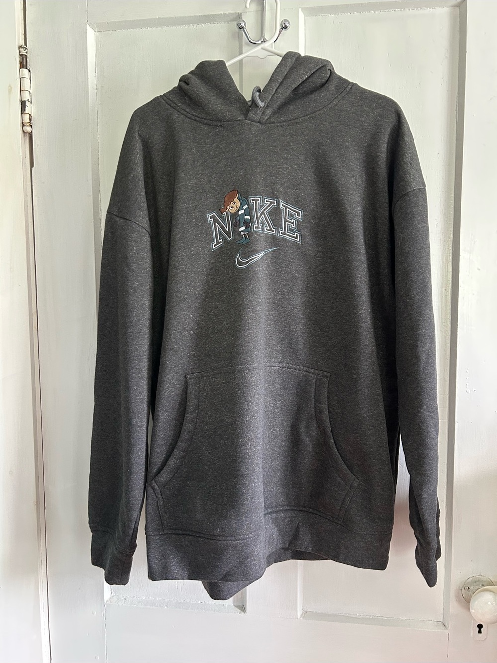 Fake Nike Charcoal Gray Pullover Hoodie with Embroidered Wybie Logo
